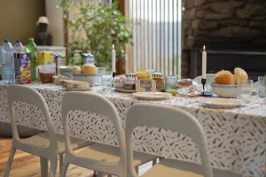 Wooden Floor Interior Prints: White table setting, plastic tablecloth