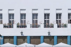 Art Deco Building Prints: Whitewashed facade, balconies