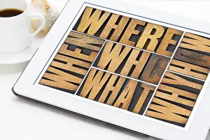 Prints of Who, what, how, why, where, when, questions - brainstorming or decision making concept - a collage of words in vintage letterpress wood type on a digital tablet with a cup of coffee Geneva Prints: Decision Making Print: Questions in Focus