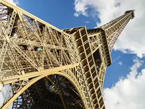 Deserted Paris Landmark Prints: Wide angle shot of Eiffel from one of the pillars