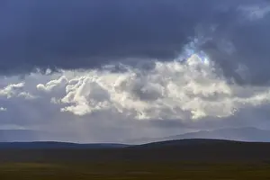 Scottish Upland Landscapes Prints: Wide landscape under a sky full of dramatic clouds and rays of light