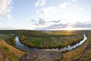 Wine Growing Region Panorama Prints: Wide panorama of the Neckar river loop at sunset