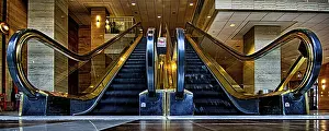 Deserted Subway Station Prints: Wide panoramic angle of escalator flow low point