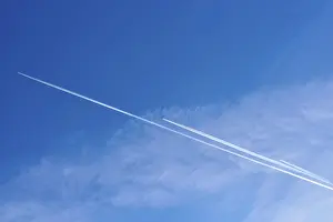Condensation Trails Europe Prints: Wide sky with two parallel contrails