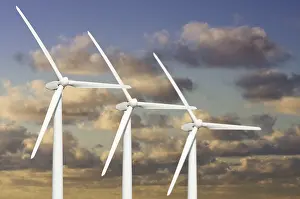 Aviation Industry Equipment Prints: Three wind turbines over dramatic blue sky and clouds