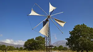 Greek Island Landmark Prints: Windmill close, canvas, trees, blue sky
