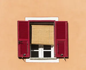 Deserted House Architecture Prints: Window with red shutters and blinds