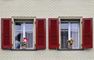 European Decorative Item Prints: Window with Swiss and Bernese flags