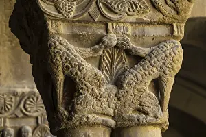 Prints of Wolves in sheep's clothing devouring a ram, Romanesque capital in the cloister, San Pedro el Viejo Monastery, Huesca, Aragon community, Spain Wolves in sheep's clothing devouring a ram Related Prints: Wolves in Sheep's Clothing Print, Romanesque Capital