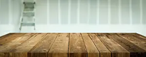 Wooden Table Background Prints: Empty Wood Table Surface Display Background with Construction Theme Behind
