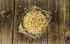 Selective Focus On Corn Prints: Wooden table with a portion of Corn (selective focus)