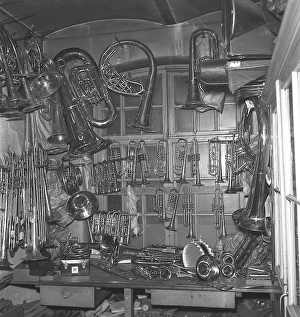 Deserted Workshop Prints: Workers in the 1940s. Interior of a mechanical workshop for musical instruments