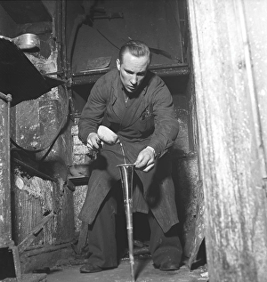 Black And White Factory Scene Prints: Workers in the 1940s. Interior of a mechanical workshop for musical instruments
