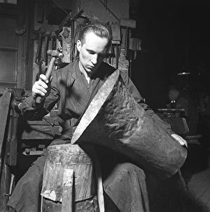 Industrial Workshop Interior Prints: Workers in the 1940s. Interior of a mechanical workshop for musical instruments