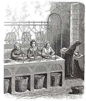 Vintage Woodcut Artwork Prints: Workers in a historic silk mill