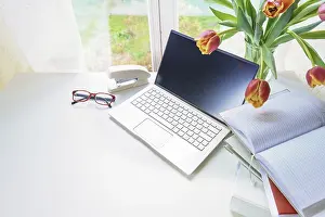 Spring Blooming Flowers Prints: Workplace by a window with laptop