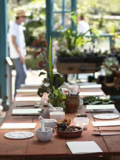Ecological Food Photography Prints: Workshop table with mortars, pestles