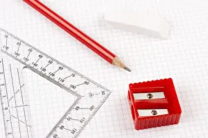 Educational Equipment Prints: Workspace table shot from above with different drawing tools