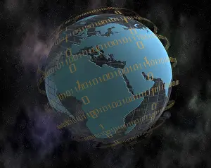 Digital World Map Prints: World globe and binary code
