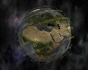 Digital World Map Prints: World globe and binary code