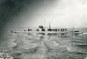 World War One Naval History Prints: World war 1. A German u-boat on the surface moving forward with the crew visible on deck