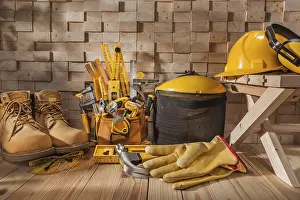 Construction Site Equipment Prints: Yellow Carpenter Working Tools Set On Construction Site