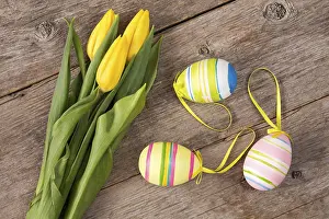 Vernal Flower Arrangement Prints: Three yellow tulips and three Easter eggs