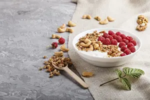 Wooden Spoon Still Life Prints: Yoghurt with raspberry, granola