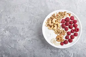 Yoghurt With Raspberry Prints: Yoghurt with raspberry, granola