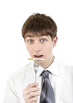 White Background Portrait Prints: Young Man with Cigarette on the Fork