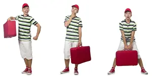 White Background Studio Shot Prints: Young man with red suitcase isolated on white