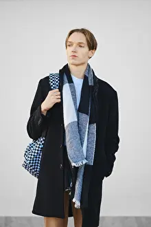Young Fashion Model Prints: Young student with backpack in old wool coat