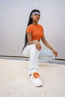 Gray Background Head Shot Prints: A young trap dancer with braids