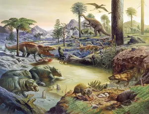Triassic Landscape Print featuring Postosuchus, Eudimorphodon, Coelophysis, Plateosaurus